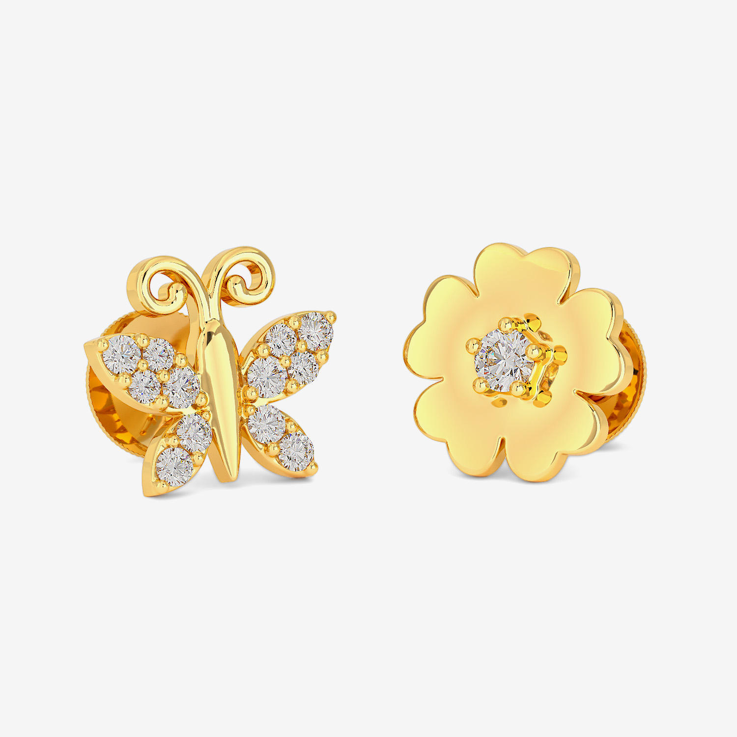 Wings of Nature - Mismatched Gold Butterfly-Flower Stud
